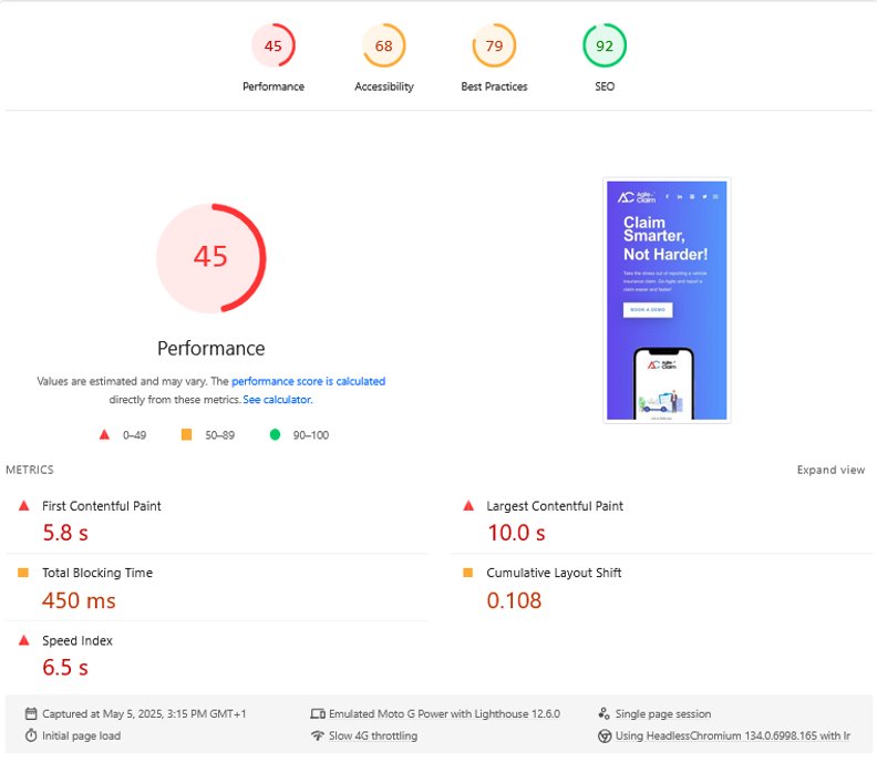 a picture of an old website with a bad pagespeed score