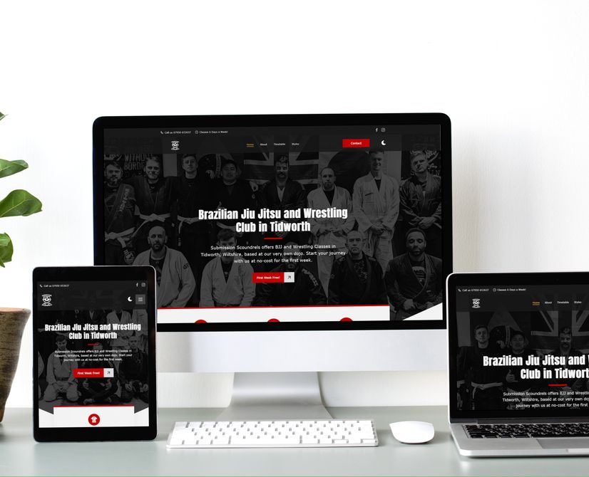 A responsive web design mockup of Submission Scoundrels