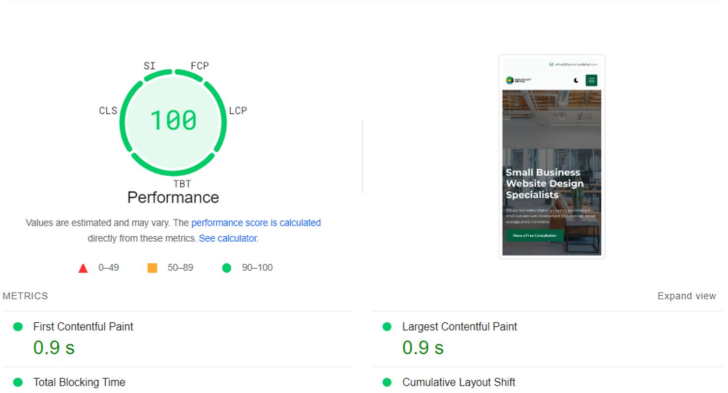 A screenshot showing Test Valley Digital scoring four 100 scores on Google's Pagespeed website