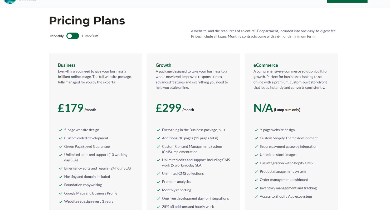 A picture of our pricing plan options: ยฃ179 per month for our business package. ยฃ299 per month for our Growth package. You can find our pricing on testvalleydigital.com/pricing.